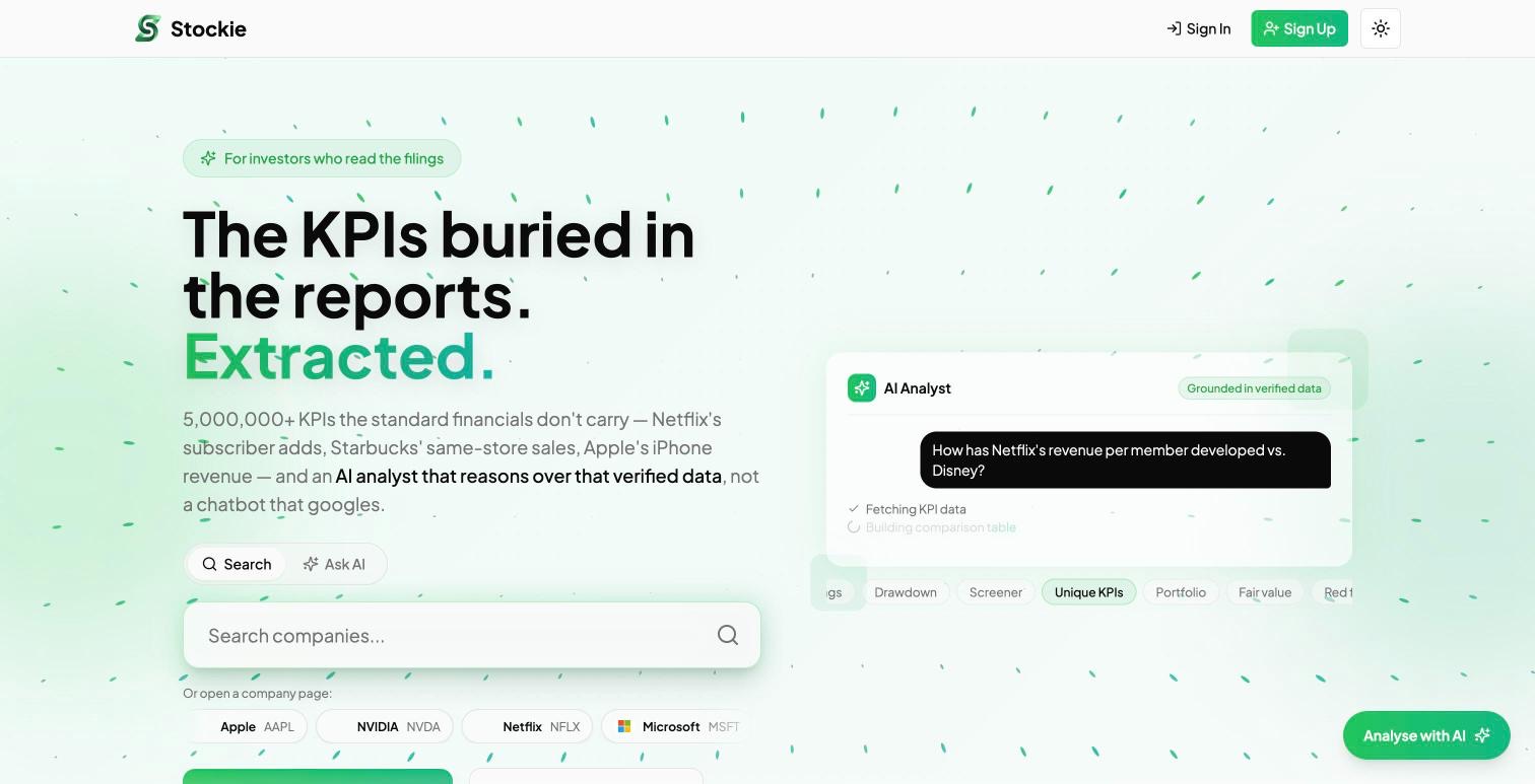 Homepage van stockie.io met de AI-analist